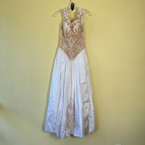Landa White and Gold Beaded Gown Formal Prom Pageant Wedding Dress Size 8